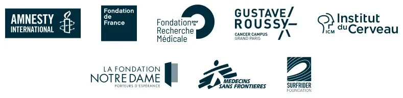 Amnesty International - Fondation de France - Fondation pour la Recherche Médicale - Gustave Roussy - Cancer Campus Grand Paris - Institut du Cerveau ICM - La Fondation Notre Dame Porteurs d'espérance - Médecins Sans Frontières - Surfrider Foundation